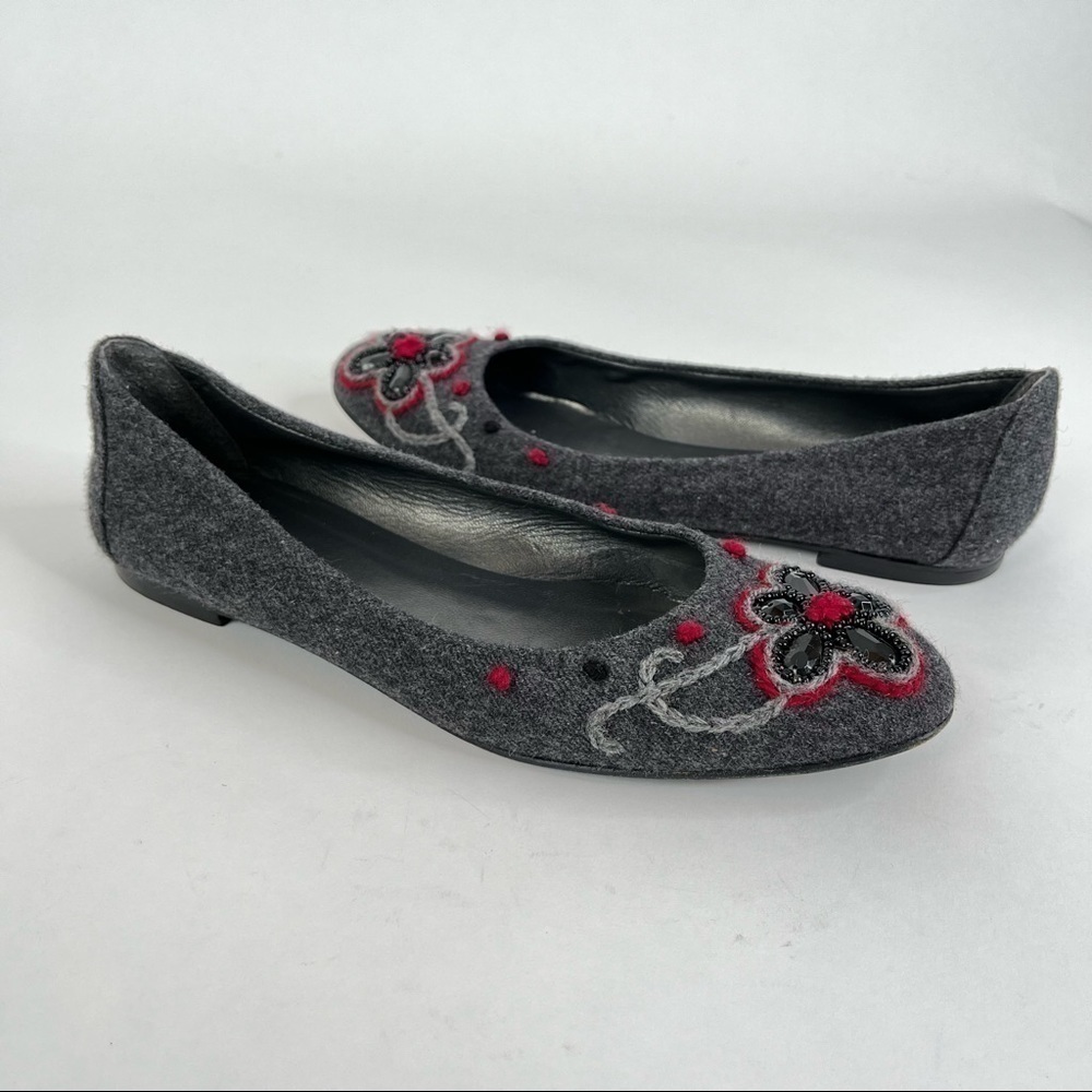 STUART WEITZMAN Smokey Grey Floral Jewel Felt Wool Ballerina Office Flats Shoes